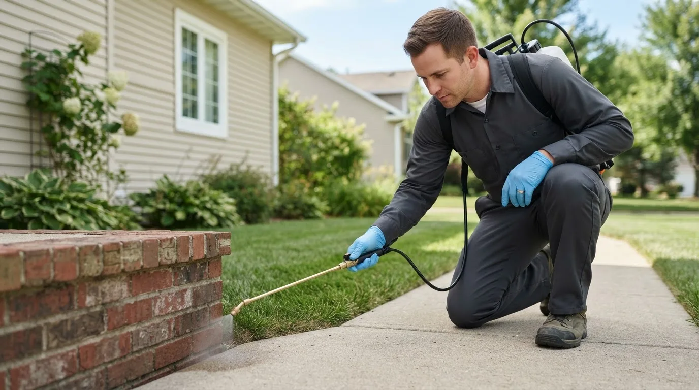 Pest control technician treating a home near Frederick, SD